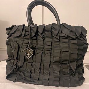 Authentic Prada Ruffled Tessuto Tote bag in black nylon with silver hardware